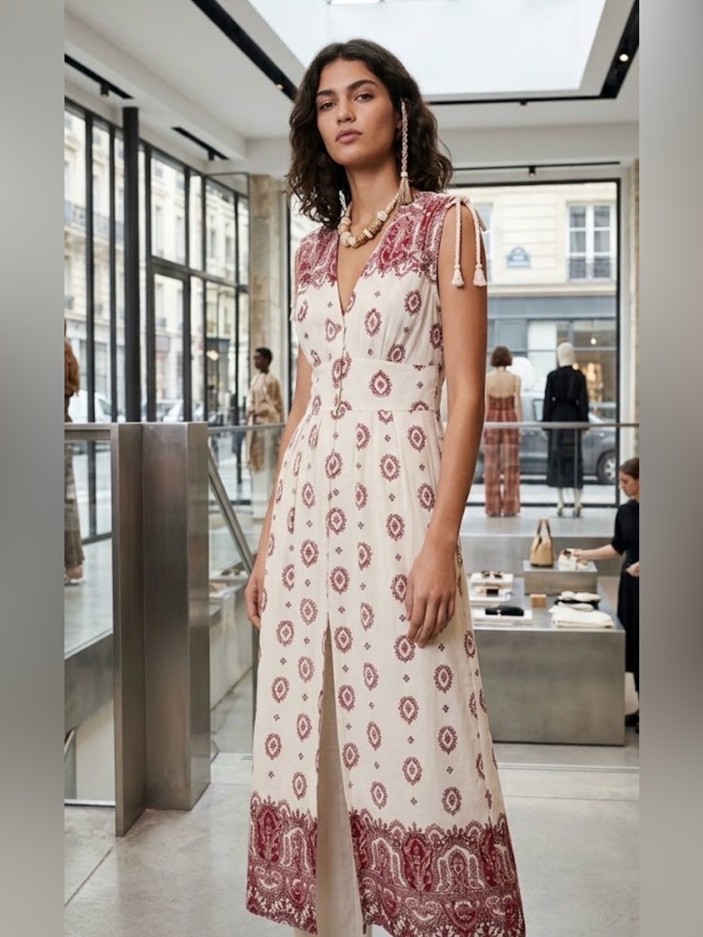 Zara Printed Tunic Midi Dress Off-White Burgundy Paisley Boho Front Slit Sz S